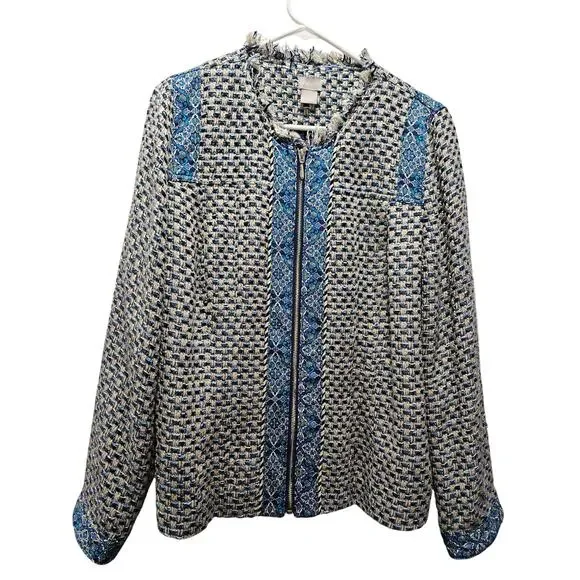 CHICO'S Beige Blue Black Check Tweed Full Zip Fringe Jacket Blazer Size 2 12 - Picture 1 of 10